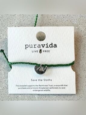 Pura Vida Save the Sloths Rainforest Trust Green and Silver Bracelet